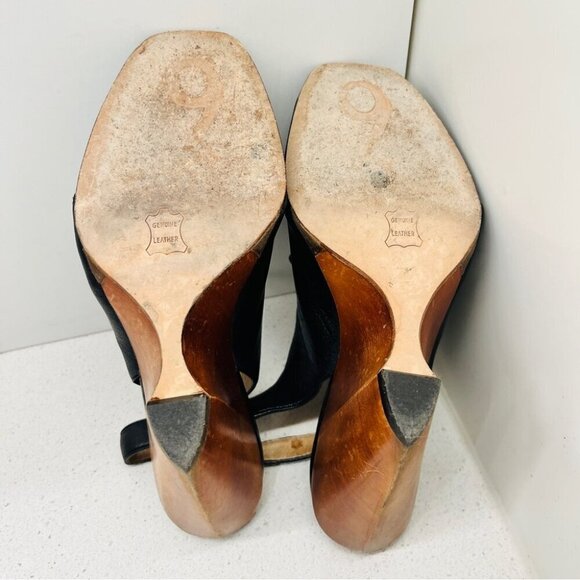 Boutique 9 Lace Up Heels Wood Block Wedge Black Leather Boho Peep Toe Sz 6.5  M - Picture 14 of 14